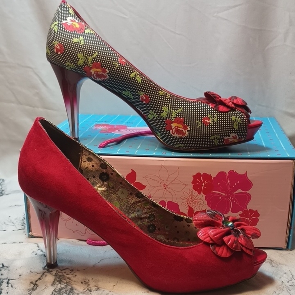 Floral Red Peep-Toe Heels